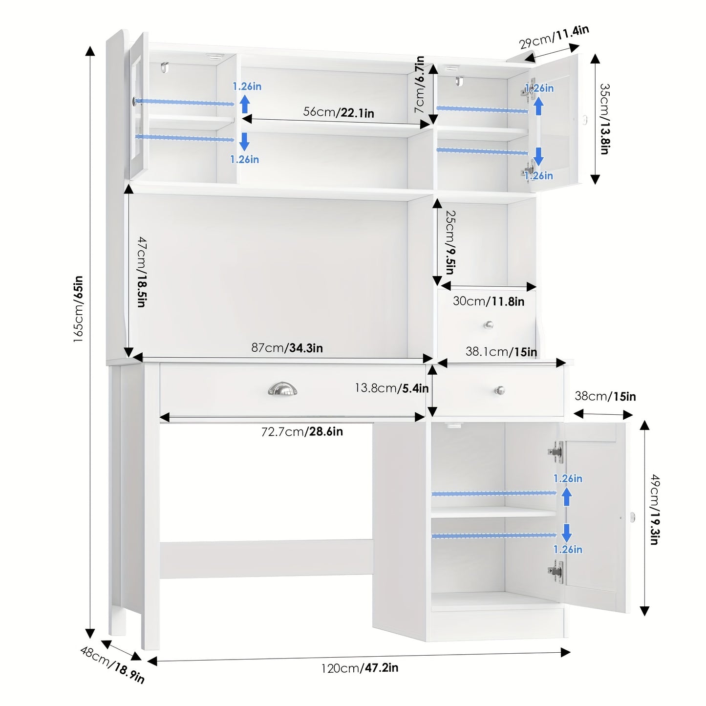 Wit Houten Bureau – Schrijftafel – Computertafel – Make-up Tafel – Werkplek Meubel – Met 3 Lades en 3 Deuren – Verstelbare Planken – Stevig en Ruim