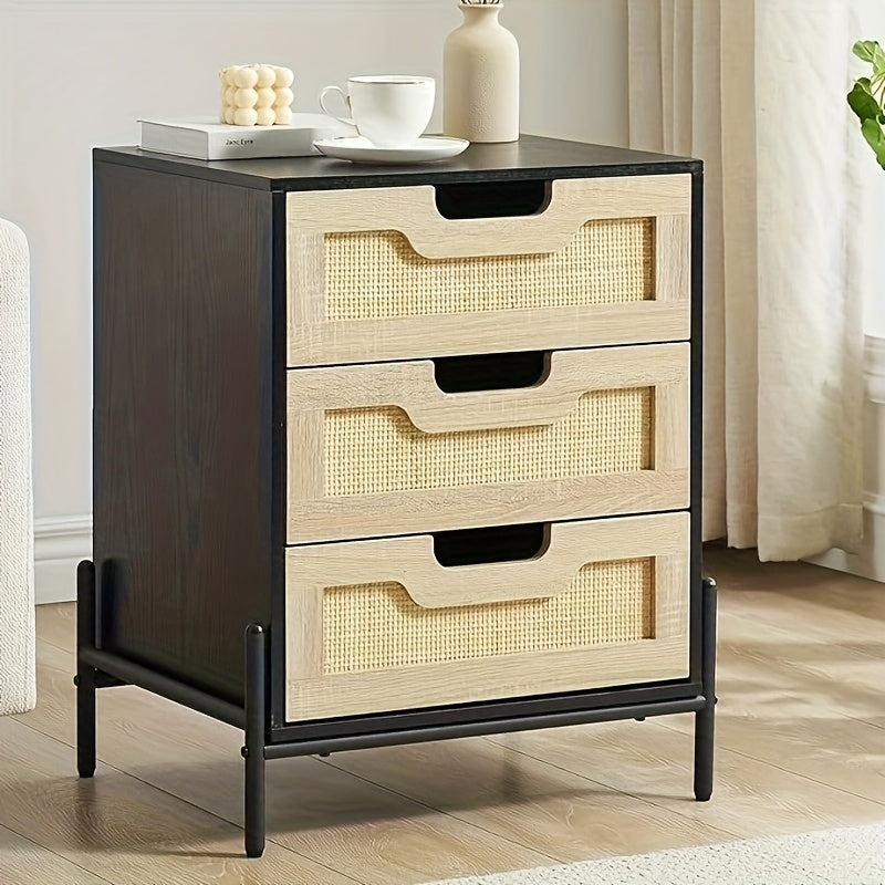 Rattan Nightstand with 3 Drawers - Natural Rattan & Hardwood Vintage Bedside Table, Black Finish, 3.2 Cu Ft Storage, Compact Under 68.58cm Height for Bedroom & Living Room, Easy Assembly