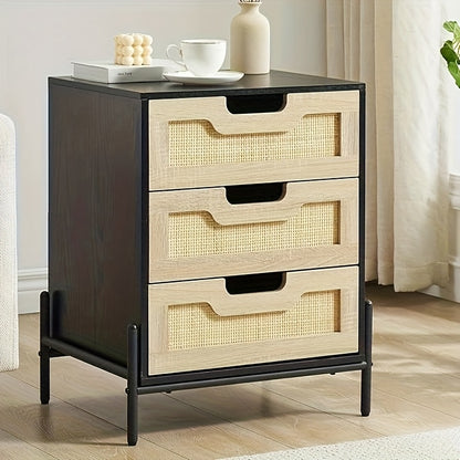 Rattan Nightstand with 3 Drawers - Natural Rattan & Hardwood Vintage Bedside Table, Black Finish, 3.2 Cu Ft Storage, Compact Under 68.58cm Height for Bedroom & Living Room, Easy Assembly