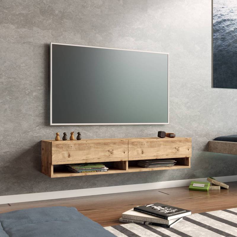 TV-Meubel – Tv-Kast – Lowboard – Wandmeubel – Hangend Meubel – Rustieke Eikenlook – 140x31,5 cm – Wandmontage Met 2 Opbergruimtes