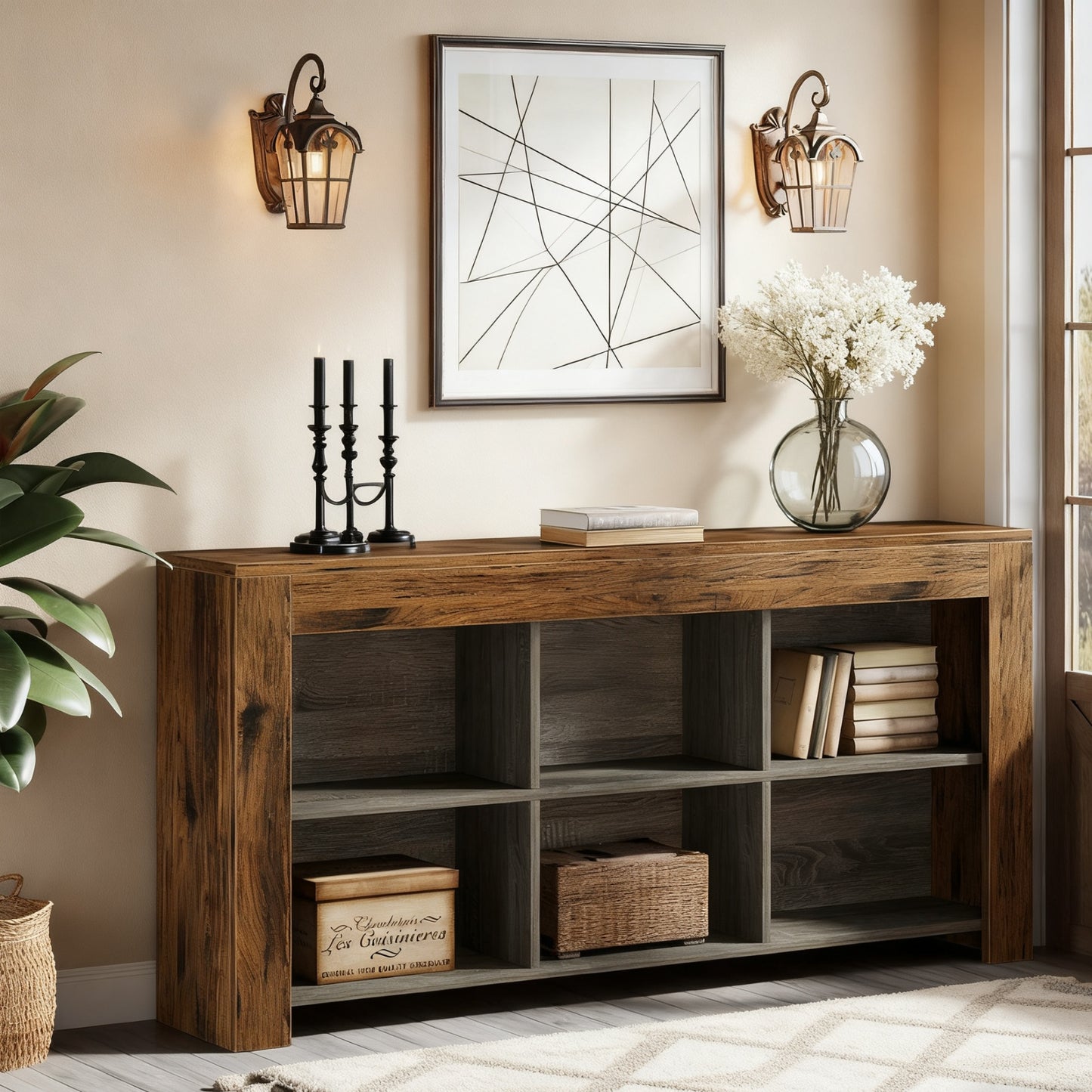 Console tafel – sidetable – haltafel – dressoir – opbergkast – Bruin en zwart – 160 cm lang – 6 open opbergvakken – massief hardhout en geperst hout – smal ontwerp