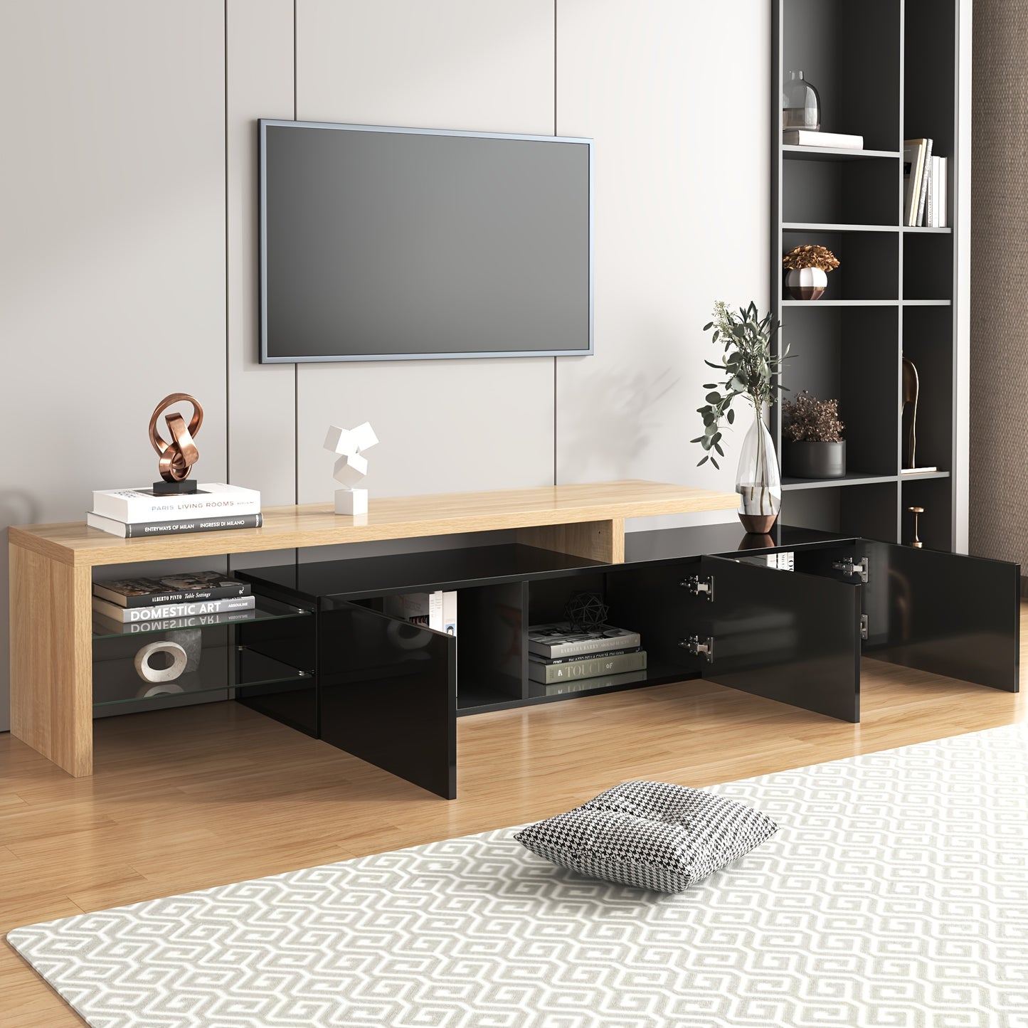 TV-meubel – TV-kast – Entertainmentmeubel – Woonkamermeubel – TV-standaard – Hoogglans zwart – MDF houtlook – Glazen legplanken – Ruime opbergruimte – Eenvoudig te monteren