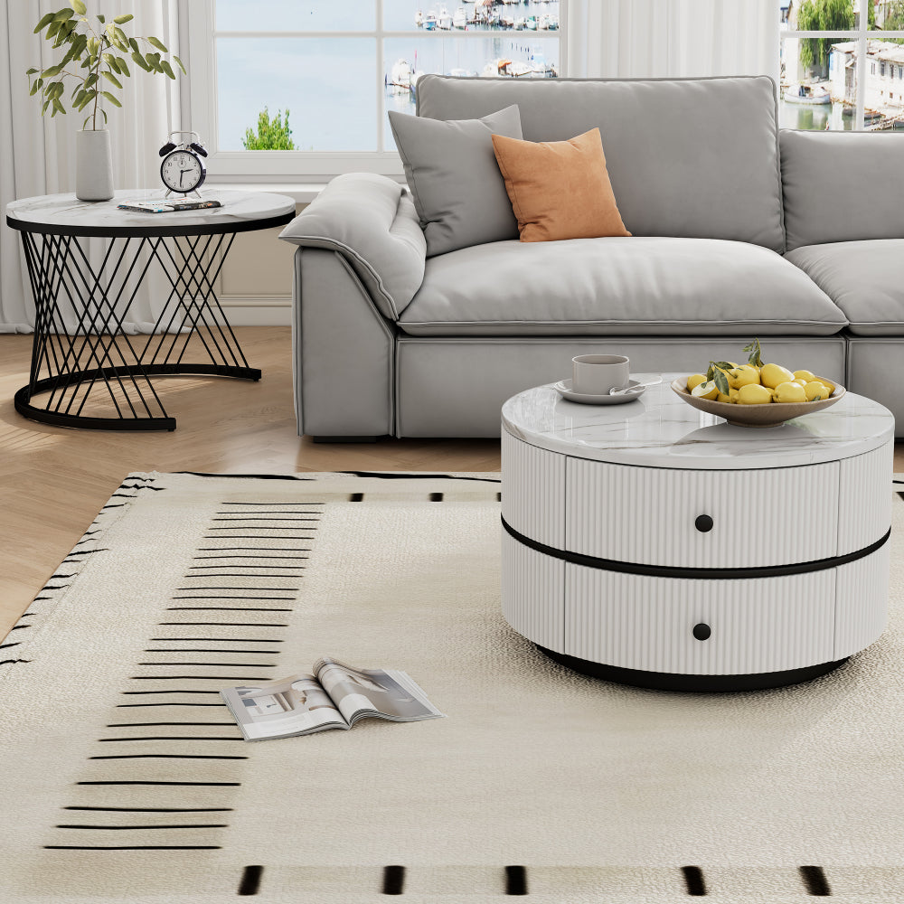 Salontafel – Koffietafel – Bijzettafel – Nesting Tafel – Opbergtafel – Nestbare Set Met Twee Lades – Metalen Frame – Rond Tafelblad – Moderne Design – Ruimtebesparend