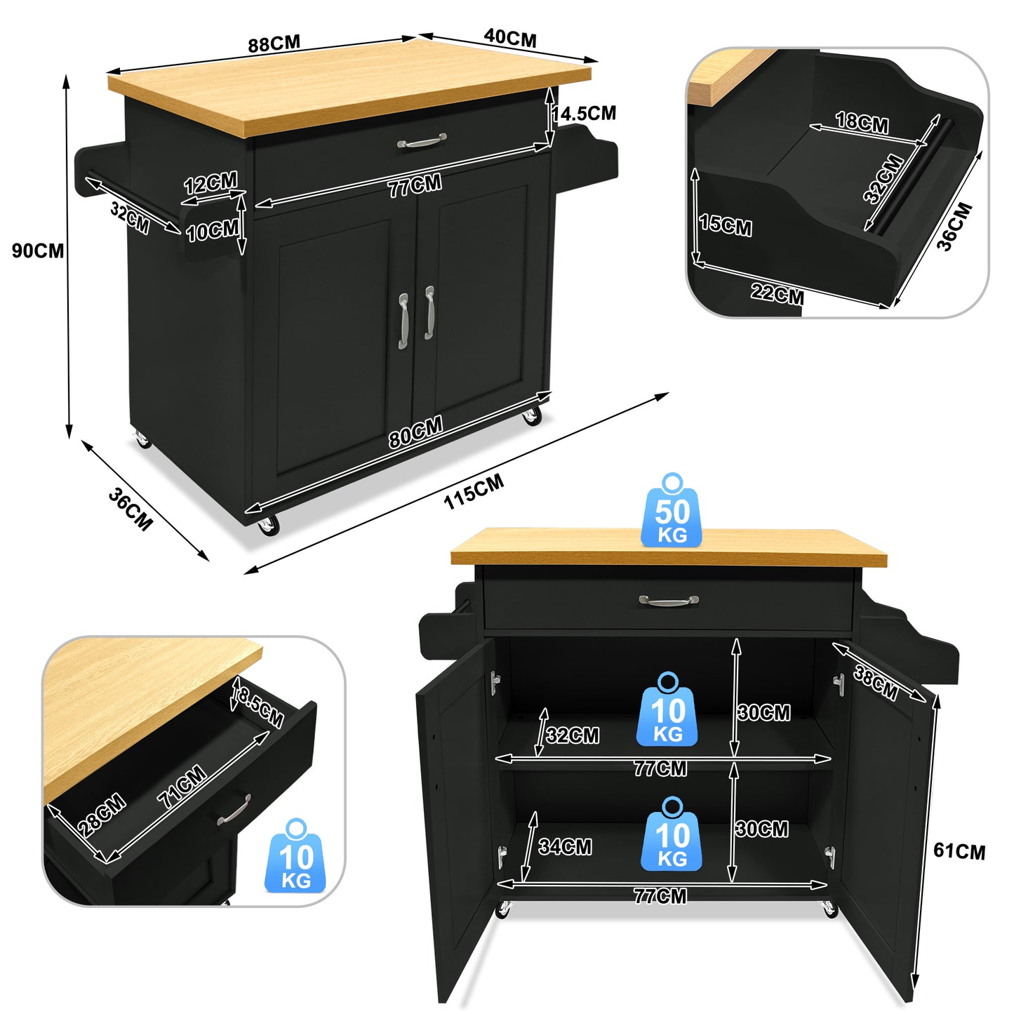 Keukentrolley – Serveerwagen – Keukenwagen – Roltafel – Opbergkar – Met Handdoekhouder en Kruidenrek – MDF Werkblad 115x36x90 cm – Makkelijk Verplaatsbaar met Stevige Wieltjes