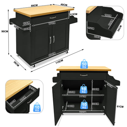 Keukentrolley – Serveerwagen – Keukenwagen – Roltafel – Opbergkar – Met Handdoekhouder en Kruidenrek – MDF Werkblad 115x36x90 cm – Makkelijk Verplaatsbaar met Stevige Wieltjes