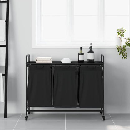3-Vaks Wasmand – Wasmand Met Wieltjes – Wasbak – Beddengoedmand – Wascontainer – Matzwart – Stevig Metalen Frame – Mobiel En Compact