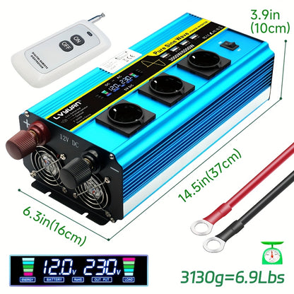 Omvormer – Power Inverter – Spanning Omzetter – DC naar AC Converter – Sinusgolf Omvormer – 12V 3000W – Pure Sinusgolf Uitgang – LCD Display met 3 Stopcontacten en 4 USB Poorten