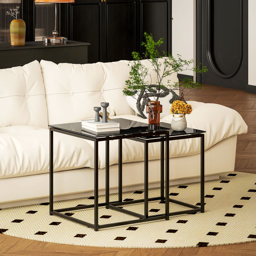 Salontafel – Koffietafel – Bijzettafel – Woonkamertafel – Sofa Tafel – Zwart Stalen Frame – Glazen Tafelblad