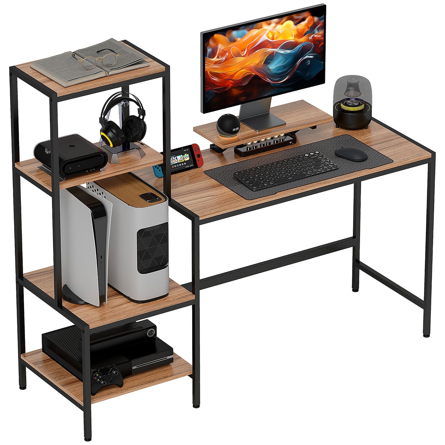 Bureau – Computertafel – Bureautafel – Werkplek – Kantoorbureau – 4 Verstelbare Planken – Ergonomische Monitorstandaard – Ruim Werkblad 150x48 cm – Stevig Metaal Frame – Bruin