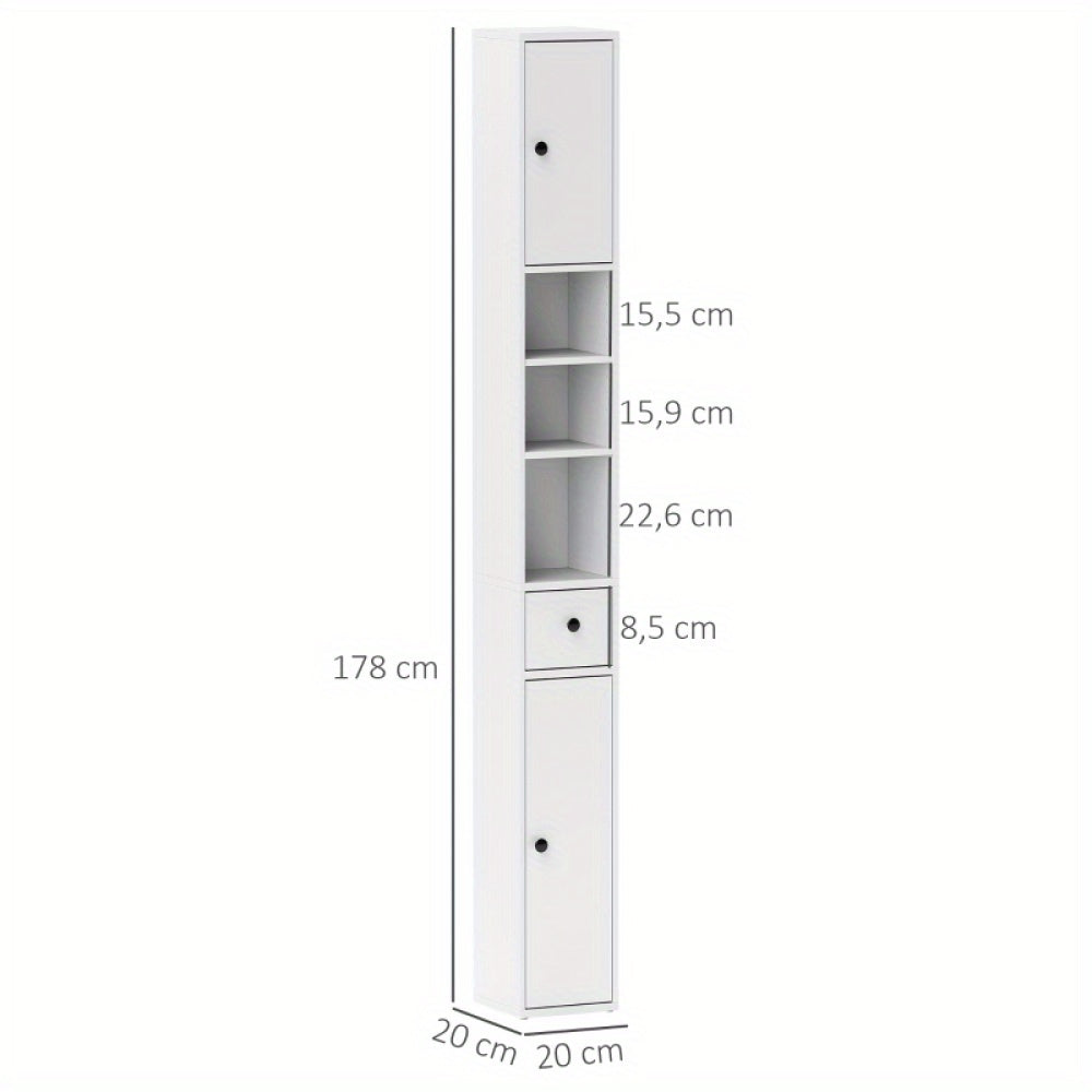 Badkamerkast – Opbergkast – Kolomkast – Smalle Kast – Wastafelonderkast – Ruimtebesparend – Vochtbestendig Zonder Hout – Verstelbare Planken – Moderne Witte Kast 20x20x178 cm