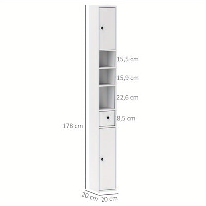 Badkamerkast – Opbergkast – Kolomkast – Smalle Kast – Wastafelonderkast – Ruimtebesparend – Vochtbestendig Zonder Hout – Verstelbare Planken – Moderne Witte Kast 20x20x178 cm