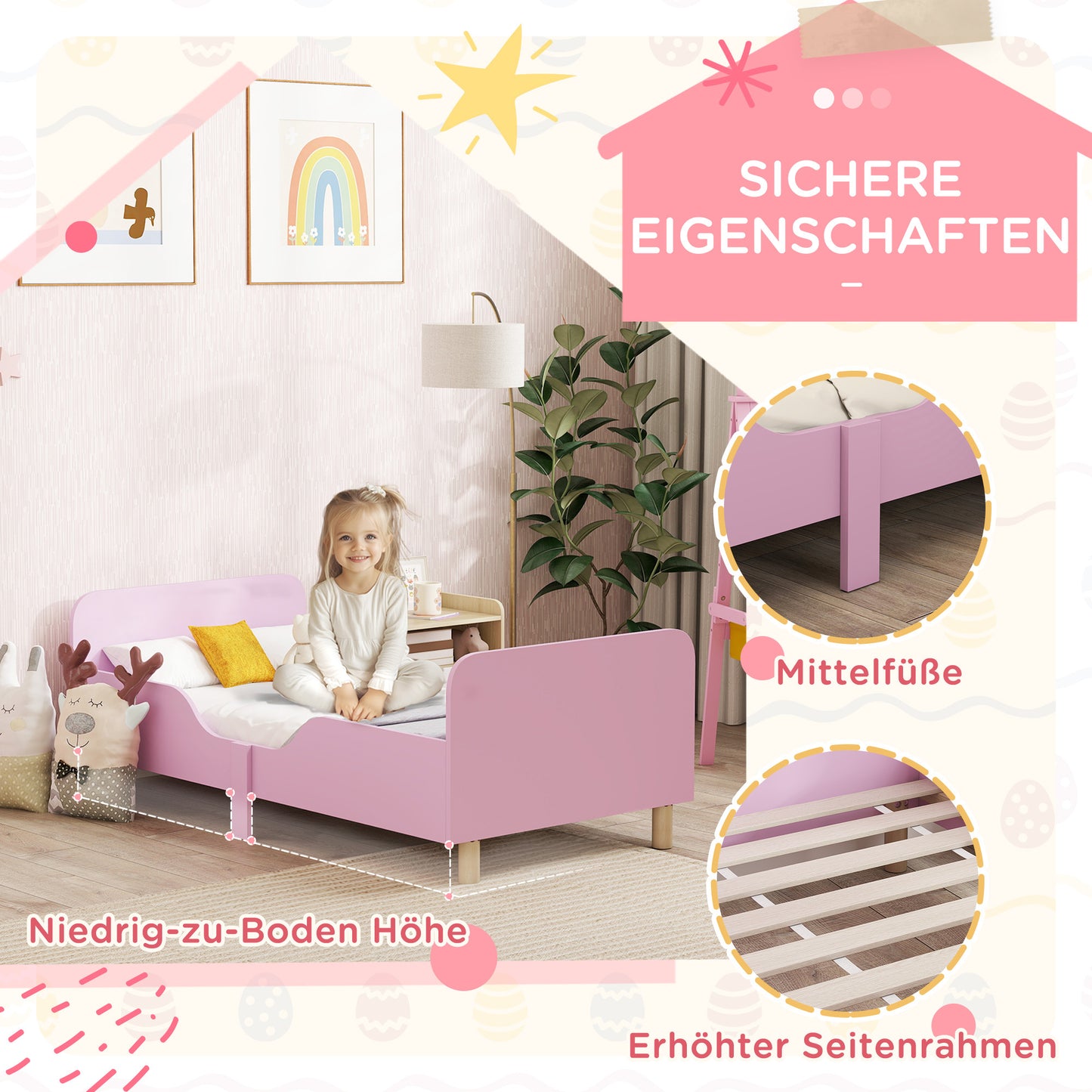 Kinderbedframe – Eenpersoons Bed – Kinderbed – Bedframe Met Veiligheidsrail – Kinderbed Roze – Compact Formaat – Stevig Materiaal