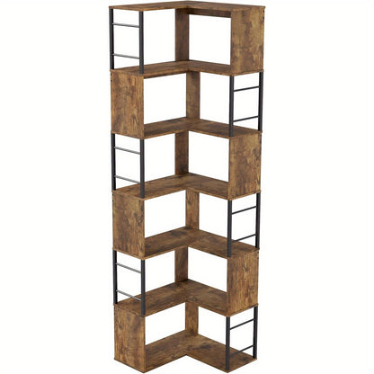 Hoekboekenplank – Hoekrek – Boekenrek – Opbergkast – Boekenkast – Industrieel Design – 7 Lagen – Stalen Frame – 188 cm Hoog – Zwart/Bruin