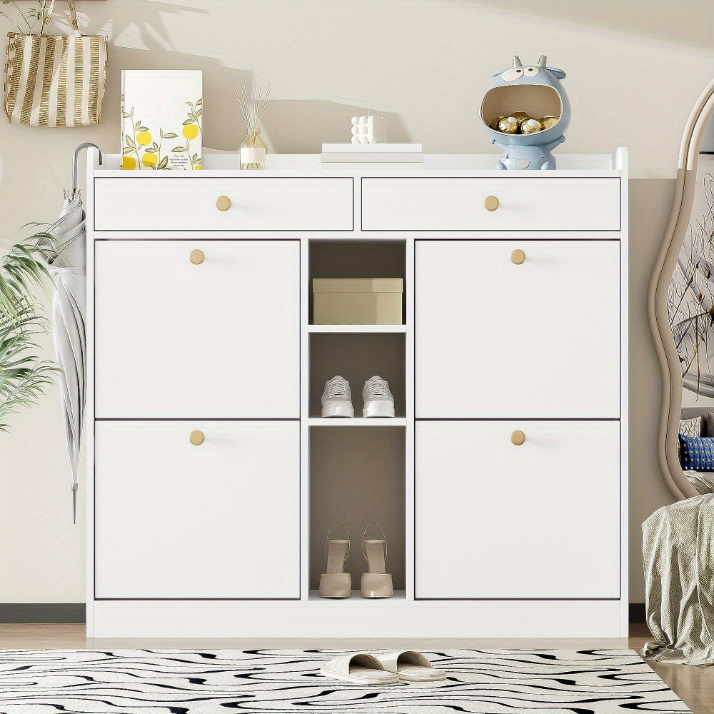 Schoenkast met 4 Openslaande Deuren & 2 Laden – 110 × 26 × 100 cm – Modern Opbergmeubel voor Hal, Woonkamer of Gang
