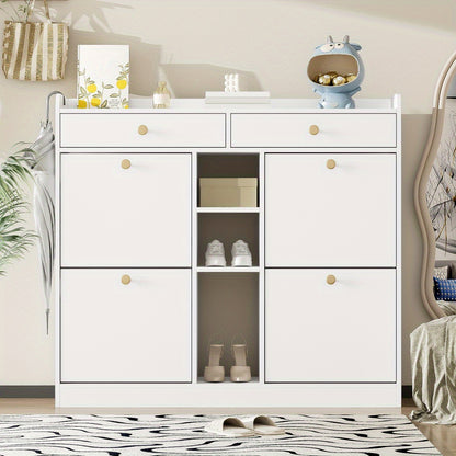 Schoenkast met 4 Openslaande Deuren & 2 Laden – 110 × 26 × 100 cm – Modern Opbergmeubel voor Hal, Woonkamer of Gang