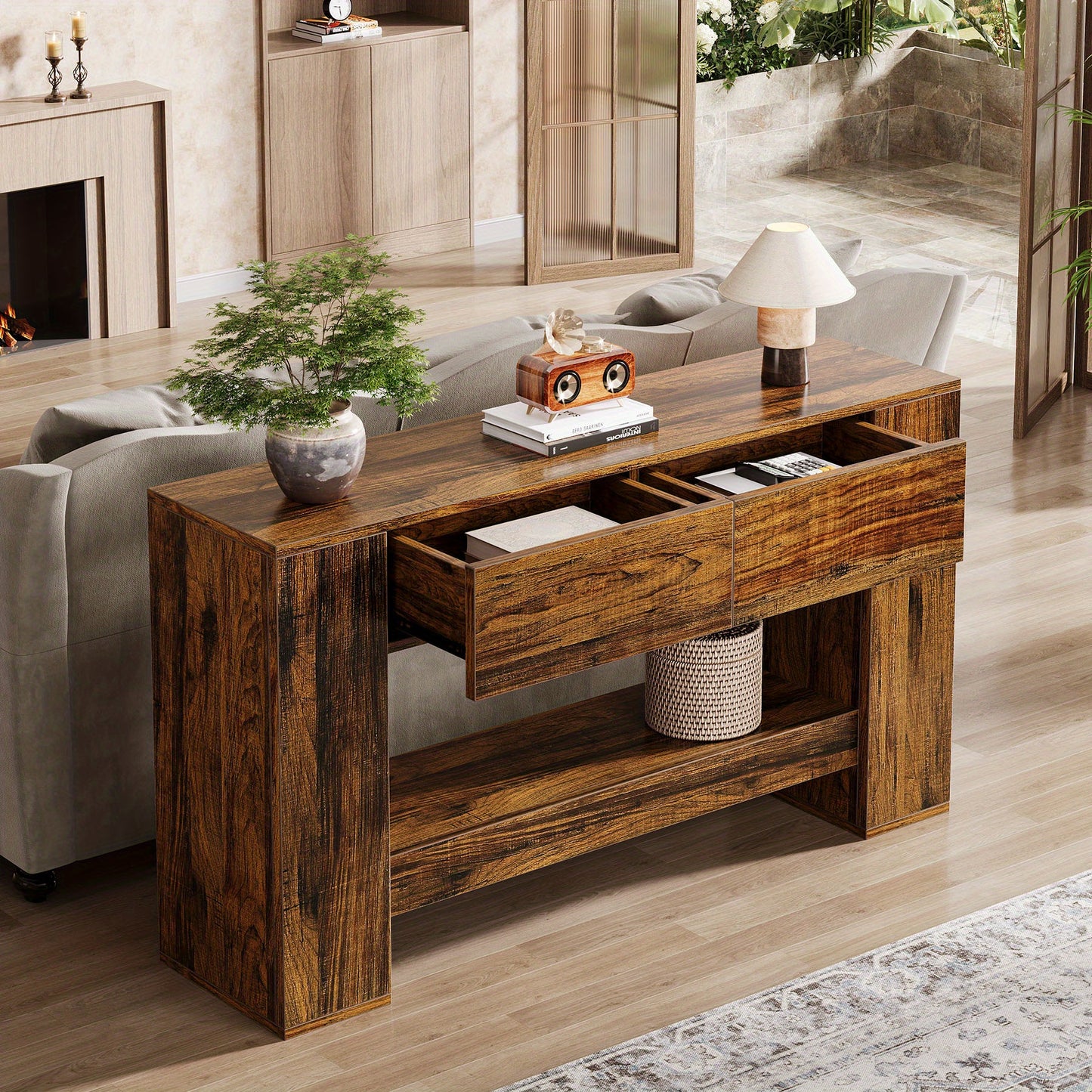 Extra Lange Haltafel – Halmeubel – Sofa Tafel – Sidetable – Wandtafel – 139,95 cm Lang – Verborgen Lades en Open Planken – Stevige MDF Houtlook – Eenvoudig Te Monteren