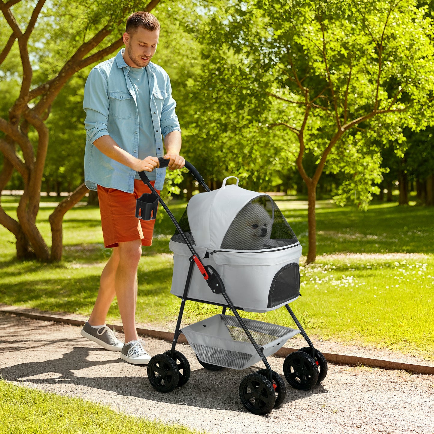 Huisdierrenwagen – Dierenwagen – Wandelwagen – Draagmand – Transportkar – Lichtgrijs – 3-in-1 Inklapbaar Ontwerp – Afneembare Regenhoes