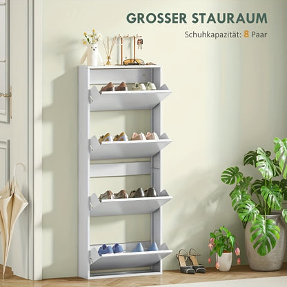 Narrow Metal Schoenkast – Smalle Schoenenkast – Wandgemonteerde Schoenenrek – Schoenopberger – Schoenenschap – Wit – Ruimtebesparend – 4 Kleppen Voor 8 Paar – 55x15x139,5 cm