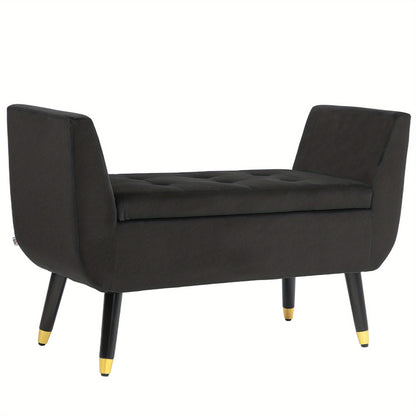 Deluxe Bench Upholstered Bench with Storage Space Armrests Bench Cabinet Bench Velvet Polyester Rubberwood Dark Grey 107 X 42 X 65cm