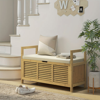 Schoenenbank – Schoenenrek – Halbank – Opbergbank – Zitbank – Bamboe – Met Scharnierend Deksel – Zacht Kussen – 100x40x60 cm