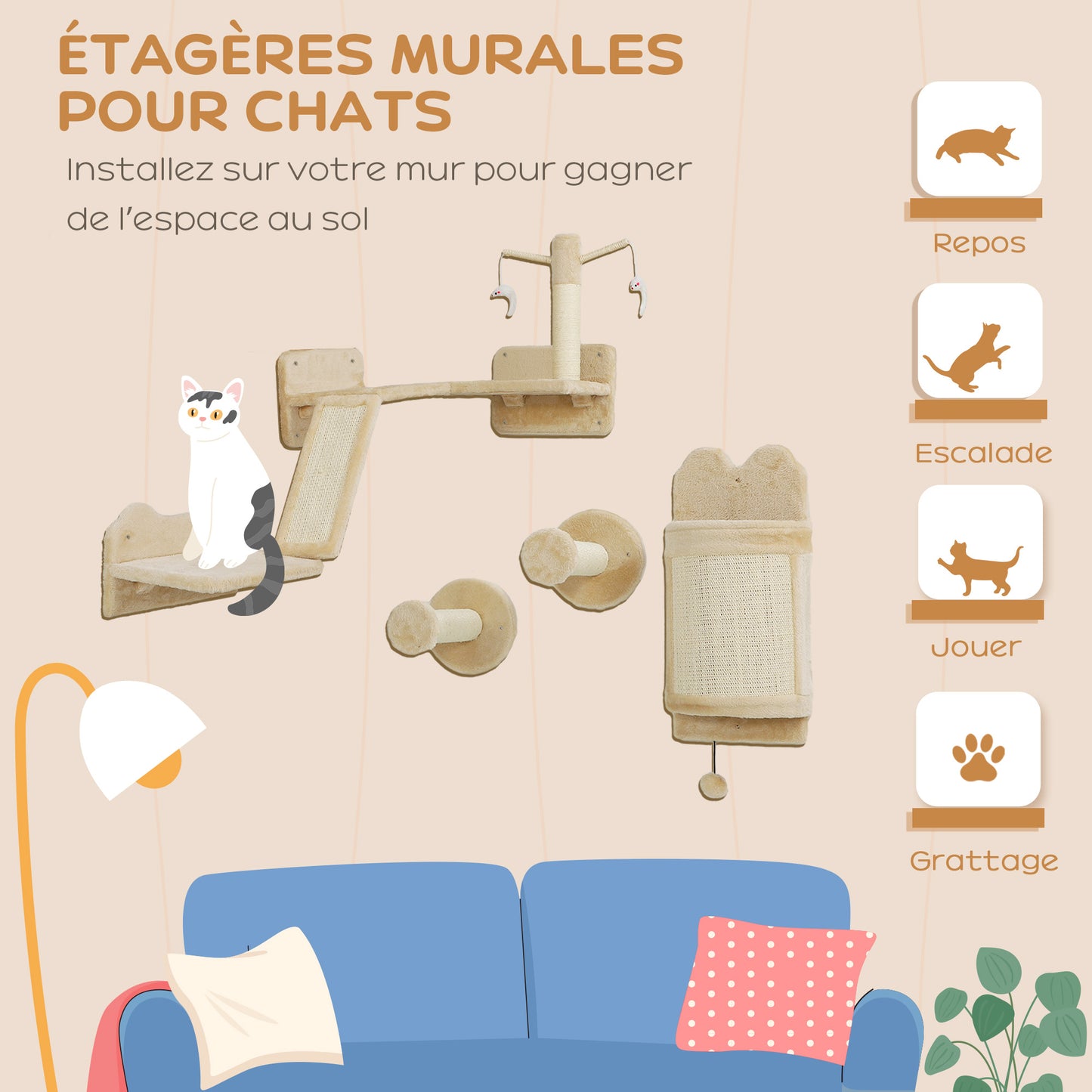 Wandrek Kat – Kattenmeubel – Klimmeubel Kat – Krabpaal Wand – Speelmeubel Kat – Beige Kleur – Ruimtebesparend Ontwerp – Inclusief Krabpalen en Speelplatform
