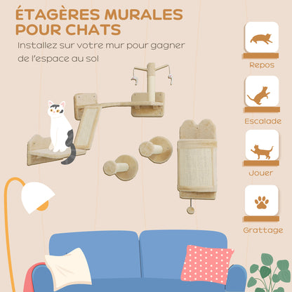 Wandrek Kat – Kattenmeubel – Klimmeubel Kat – Krabpaal Wand – Speelmeubel Kat – Beige Kleur – Ruimtebesparend Ontwerp – Inclusief Krabpalen en Speelplatform