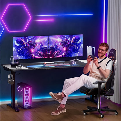 Bureau – Werktafel – Gametafel – Computertafel – Schrijftafel – Ergonomisch – Verstelbare Hoogte – Stevig Stalen Frame – Groot 180x70 cm – Inclusief Muismat & Koptelefoonhouder – Zwart