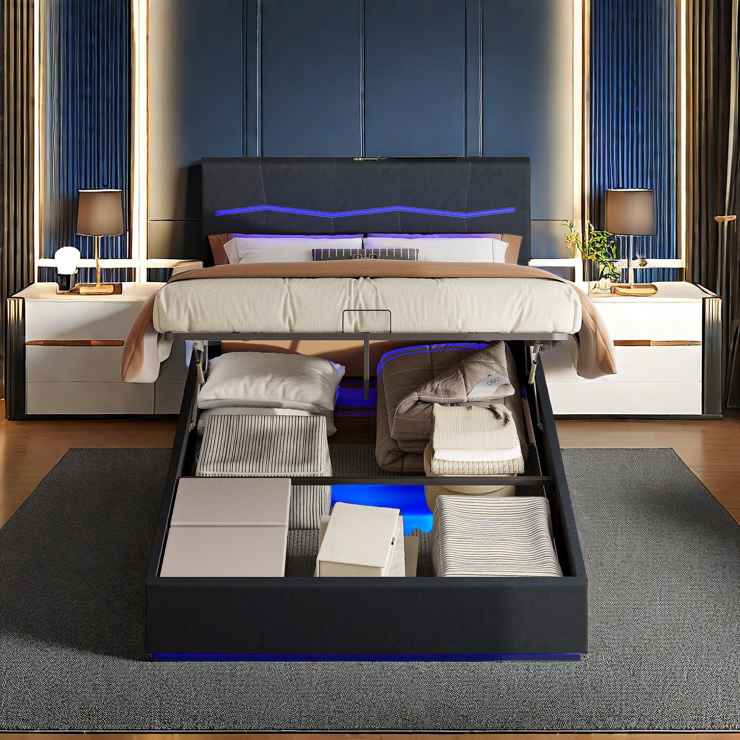 Dubbel Opbergbed – Opbergbox Bed – Stalen Bedframe – Bed Met LED-Verlichting – Ladebed – 140x200 cm – USB Oplaadpoort – Pneumatisch Hefmechanisme