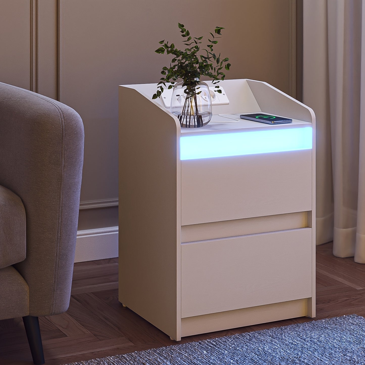 Nachtkastje – Bijzettafel – Ladekastje – Opbergkast – Nachtkast – Set Van 2 – Met LED-verlichting – USB- en Stopcontacten – Wit – 35x40x58 cm – Spaanplaat