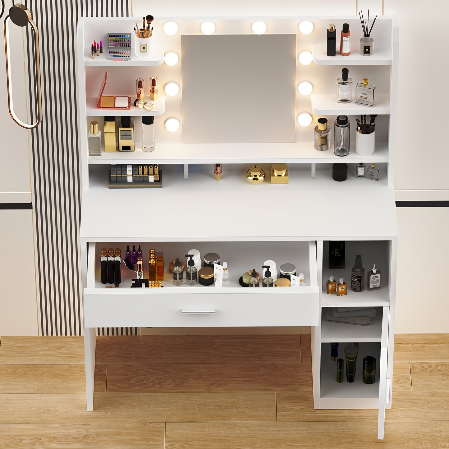 Kaptafel – Make-up Tafel – Dressing Table – Cosmeticatafel – Spiegeltafel – Wit – LED Verlichting Met Instelbare Helderheid – Opberglades En Open Vakken