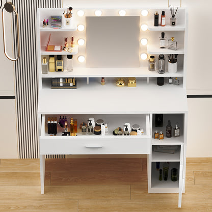 Kaptafel – Make-up Tafel – Dressing Table – Cosmeticatafel – Spiegeltafel – Wit – LED Verlichting Met Instelbare Helderheid – Opberglades En Open Vakken