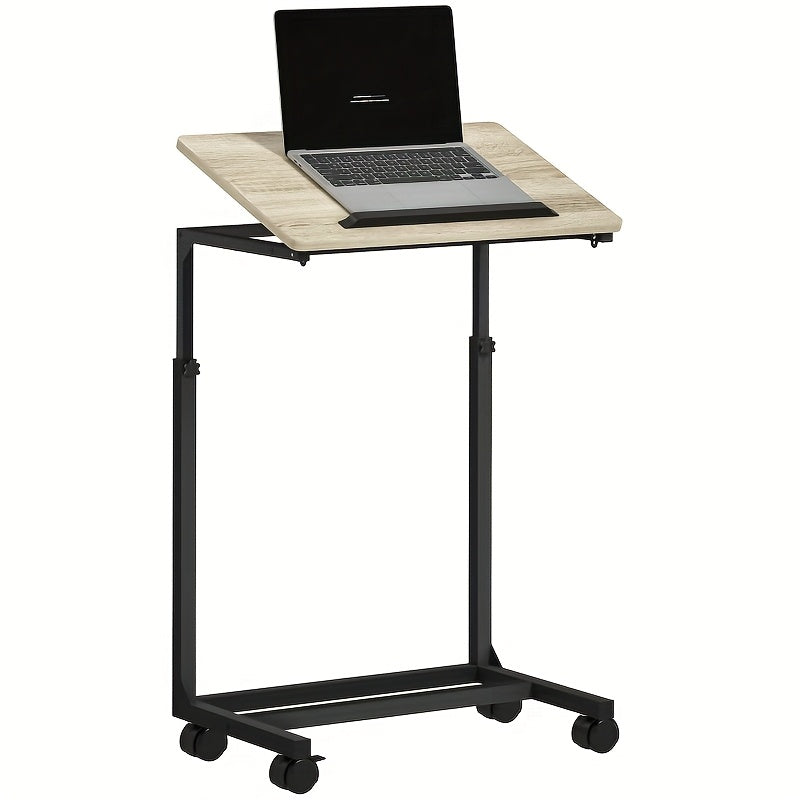 Modern C-Shaped Side Table with Height Adjustment - Heavy-Duty Metal Coffee table, Space-Saving Rolling Desk for Living Room, Home Office, Bedroom - Easy Assembly, No Wood Parts - White (21.6x14.2x24.6-32.5in)