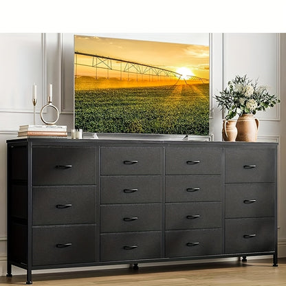 160cm Extra Long TV Cabinet & Bedroom Dresser with 14 Fabric Drawers - Heavy-Duty Hardwood TV Storage Unit, Space-Saving TV Stand with 14 Drawers, Modern Farmhouse Furniture For Living Room, Bedroom, Hallway - Easy Assembly,