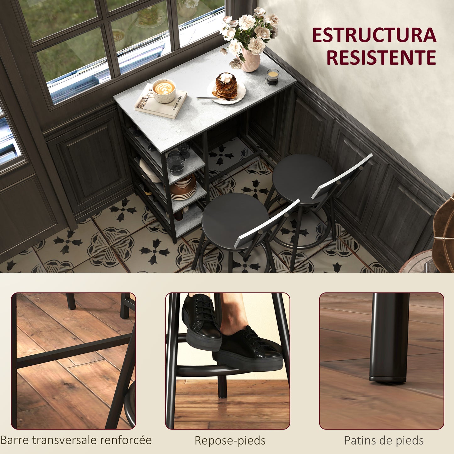 Barset – Bartafel – Barmeubel – Barstoelen – Hoge Eettafel – Lichtgrijs – Ruimtebesparend Design – Stalen Frame Met MDF Blad