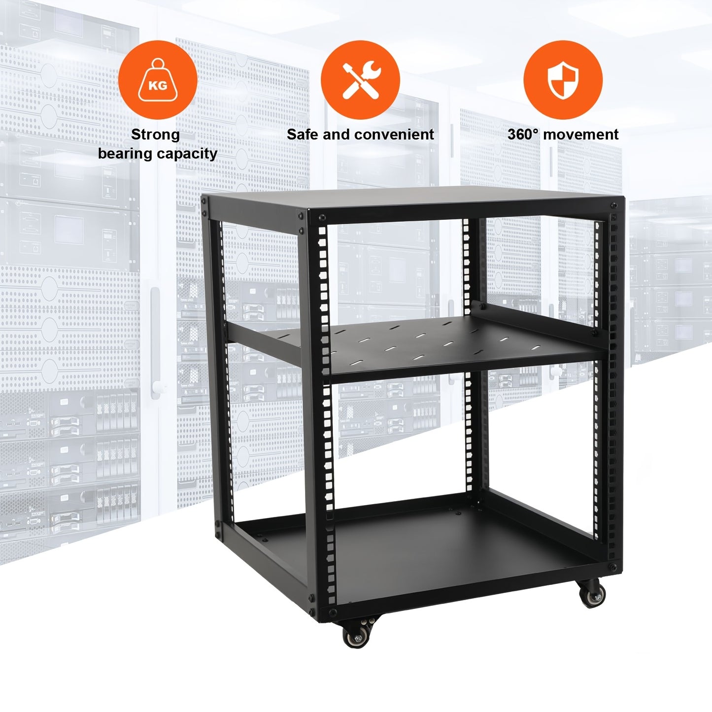 12U Open Frame Serverrek – Serverkast – Netwerkrek – Serverrack – Kabelrek – Verstelbare Diepte 23-40 Inch – Zwart Koudgewalst Staal Met Wielen