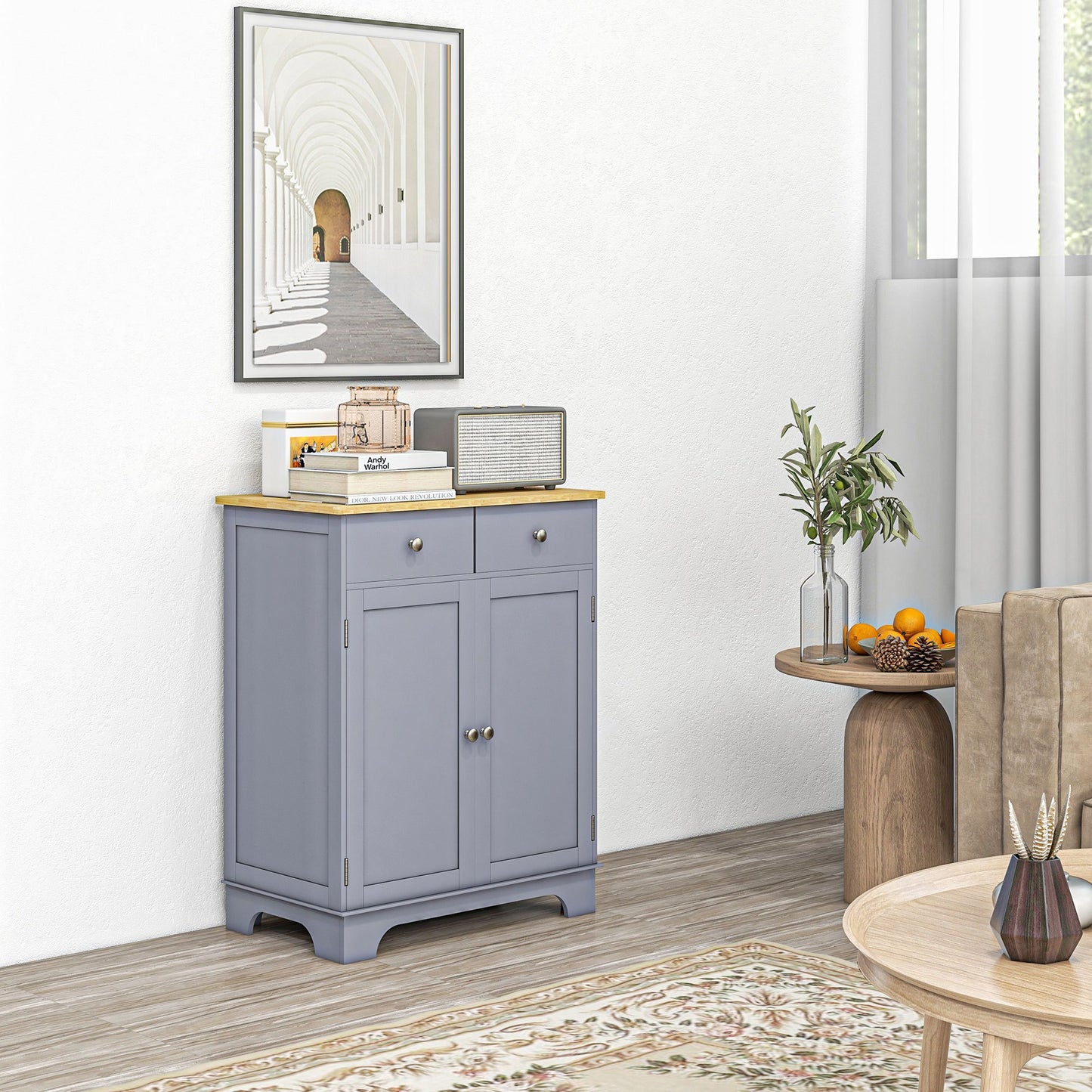 HOMCOM Multi-Storage Buffet with 2 Doors And Adjustable Shelf 2 Sliding Drawers Wooden Teak Top
