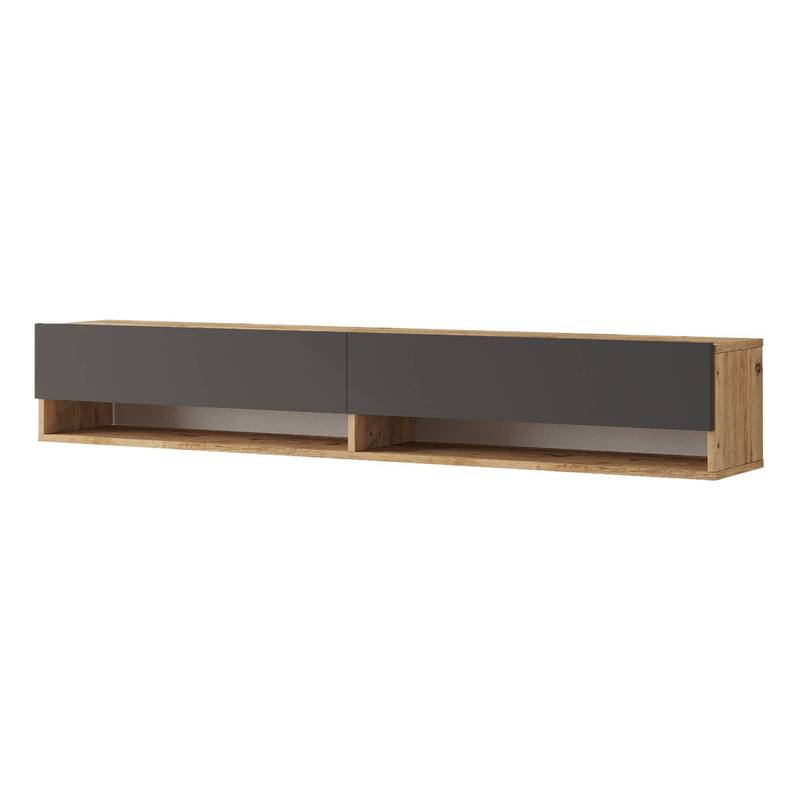 tv meubel – tv kast – tv dressoir – tv tafel – media meubel – Zwevend Wandmeubel – Melamine Spaanplaat Rustiek Eiken Wit – 180 cm Breed – 2 Open Vakjes