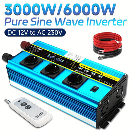 LVYUAN 6000W (peak)/3000W Pure Sine Wave DC 12V To AC 220V Voltage Converter With LCD Display And Wireless Remote Control As Well As 3 AC Outlets, 4 USB Ports And 4 Convection Fans For Car Camping, Laptops And Trucks.