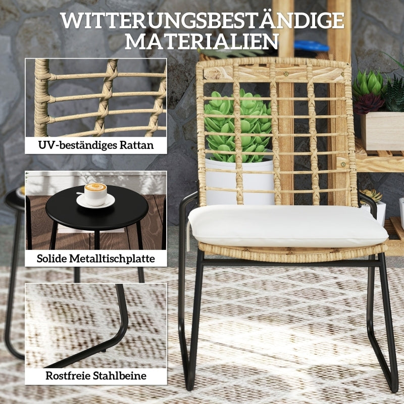 3-delige Rattan Tuinset – Balkonset – Loungeset – Buitenmeubels – Tuinmeubelen – Weerbestendig Rattan – Inklapbare Stapelstoelen – Beige