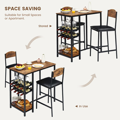 Bar Tafel Set – Eettafel Set – Keukentafel Met Stoelen – Bistroset – Barstoel Set – Met Wijnrek & Opbergrek – Compact Voor Kleine Ruimtes – Vintage Kleur