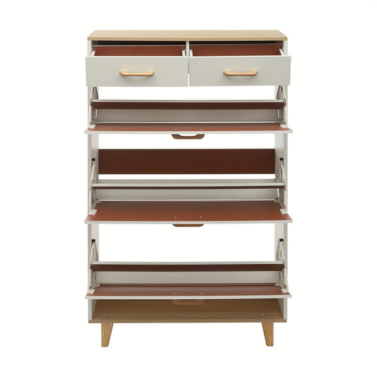 Schoenenkast – Schoenopberger – Schoenrek – Schoenenkastje – Schoenenmeubel – Vrijstaand – Warm Wit – 80 cm Breed – Massief Hout – 2 Laden – 15 Paar Opbergruimte