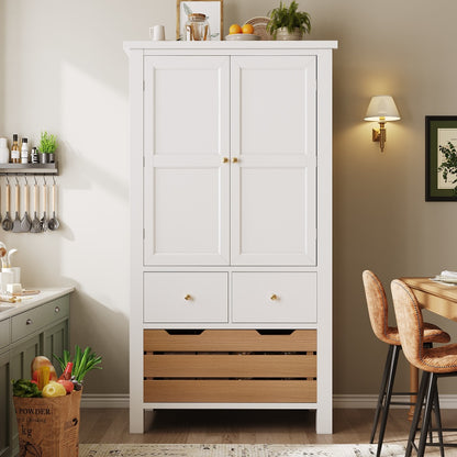 Modern Tall White Kitchen Cabinet with 2 Doors & 5 Drawers - Heavy-Duty -Standing Storage Unit Suitable for Small Kitchens, Dish Cabinet, Pantry, Space-Saving