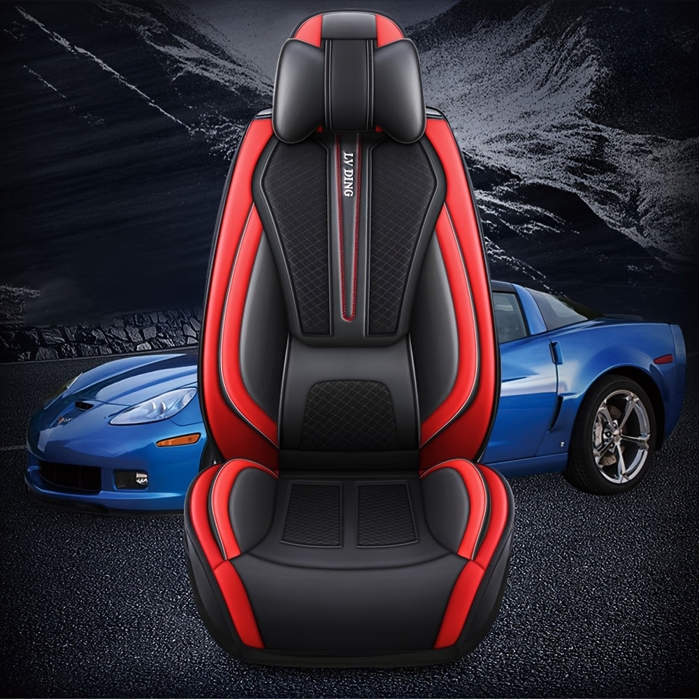 5-seater Luxury Car Seat Cover Faux Leather With 2 Headrest Waist Pillow Suitable For Most Cars SUV Truck Airbags Compatible With Waterproof Breathable
