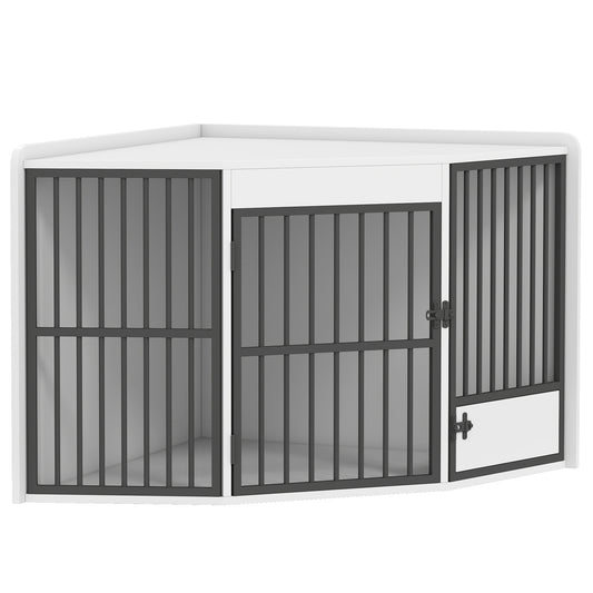 Hondenbench – Hondenbox – Hondenkooi – Huisdierenbench – Voederdeur – Metaal – Wit – Ruimtebesparend Hoekontwerp – Stevige Metalen Constructie