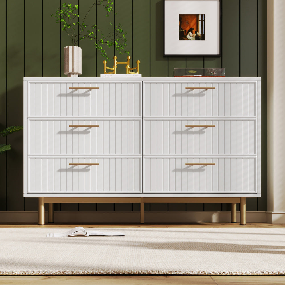 Ladekast – Ladenkast – Kommode – Dressoir – Opbergkast – Wit – 6 Lades – Compact Design Met Gouden Handgrepen – 68,5 cm Hoog