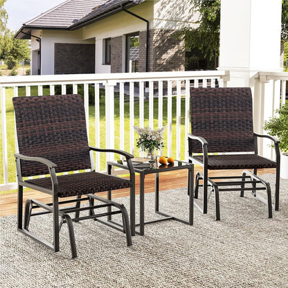 3-Delige Balkonset – Rattan Balkonmeubel – Tuinmeubelen – Terras Set – Buitenmeubilair – Gevlochten Rattan – Comfortabele Gevoerde Stoelen – Tempered Glas Tafel
