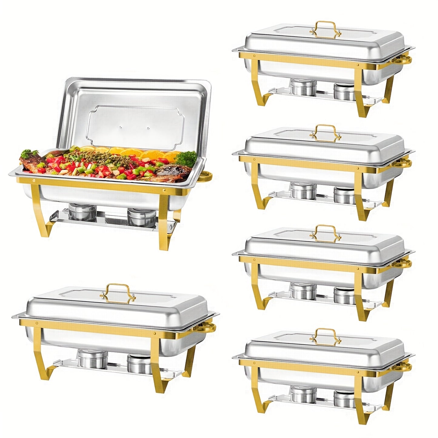 Chafing Dish – Buffetwarmer – Warmhoudplaat – Warmhoudschaal – Warmhoudbak – 6-delig – Goudkleurig Roestvrij Staal – Rechthoekig