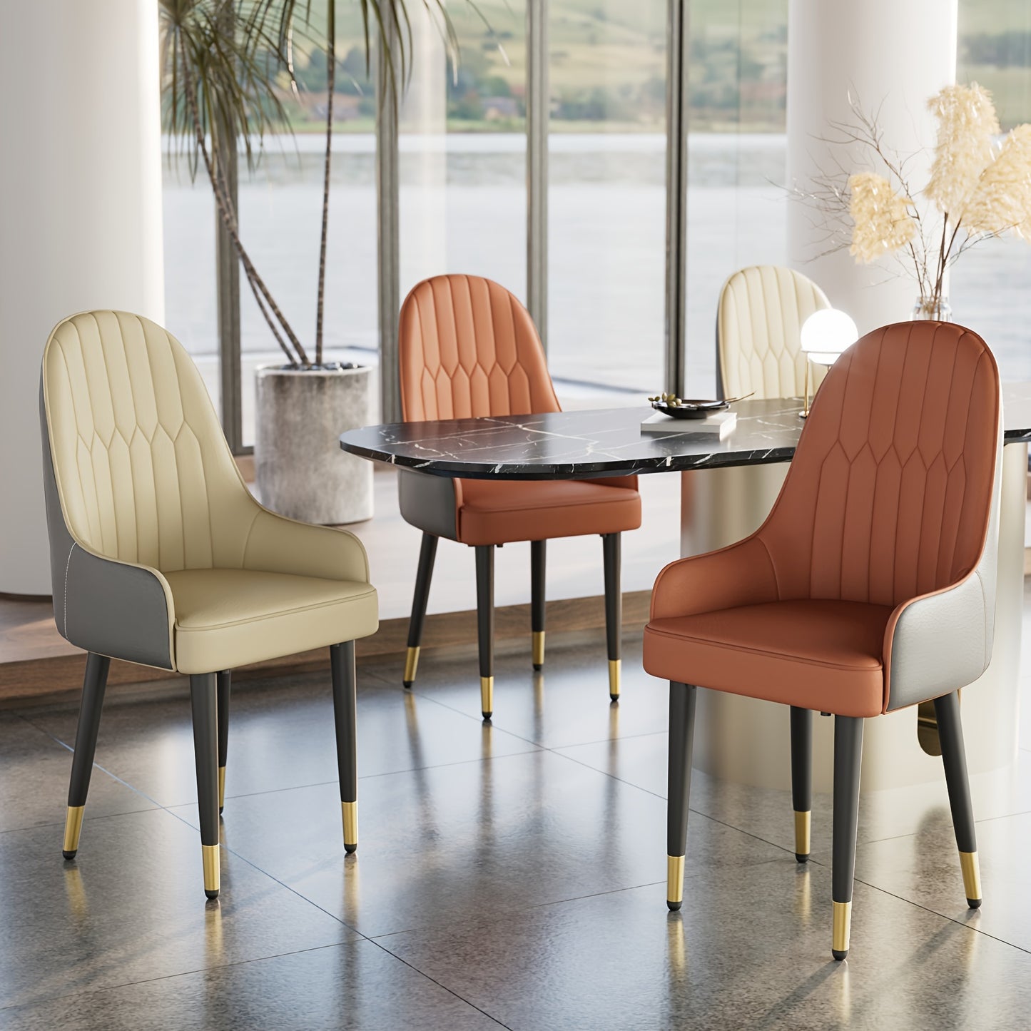 Set Of 2 Microfiber Dining Chairs: Metal Legs, High Backrest, Modern Kitchen Fabric Dining Chairs, Orange +Grey, Beige for Restaurant, Dining Room, Living Room