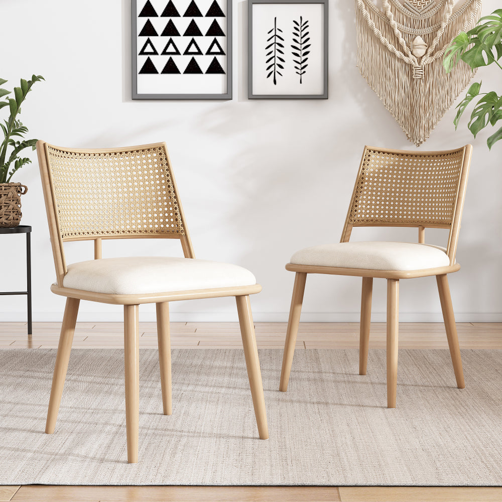 Set of 2 Modern White Rattan Dining Chairs - Lightweight Wicker-like Indoor/Outdoor Furniture with Natural Beige Backrest &, -Compatible (No Padding), Sturdy Metal-Free Frame for, Balcony, - Easy Assembly