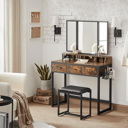Make-up tafel – Kaptafel – Schminktafel – Make-up bureau – Vanity table – Drieluikspiegel – 3 Lades – Met Föhnhouder en Kruk - Vintage Bruin en Zwart